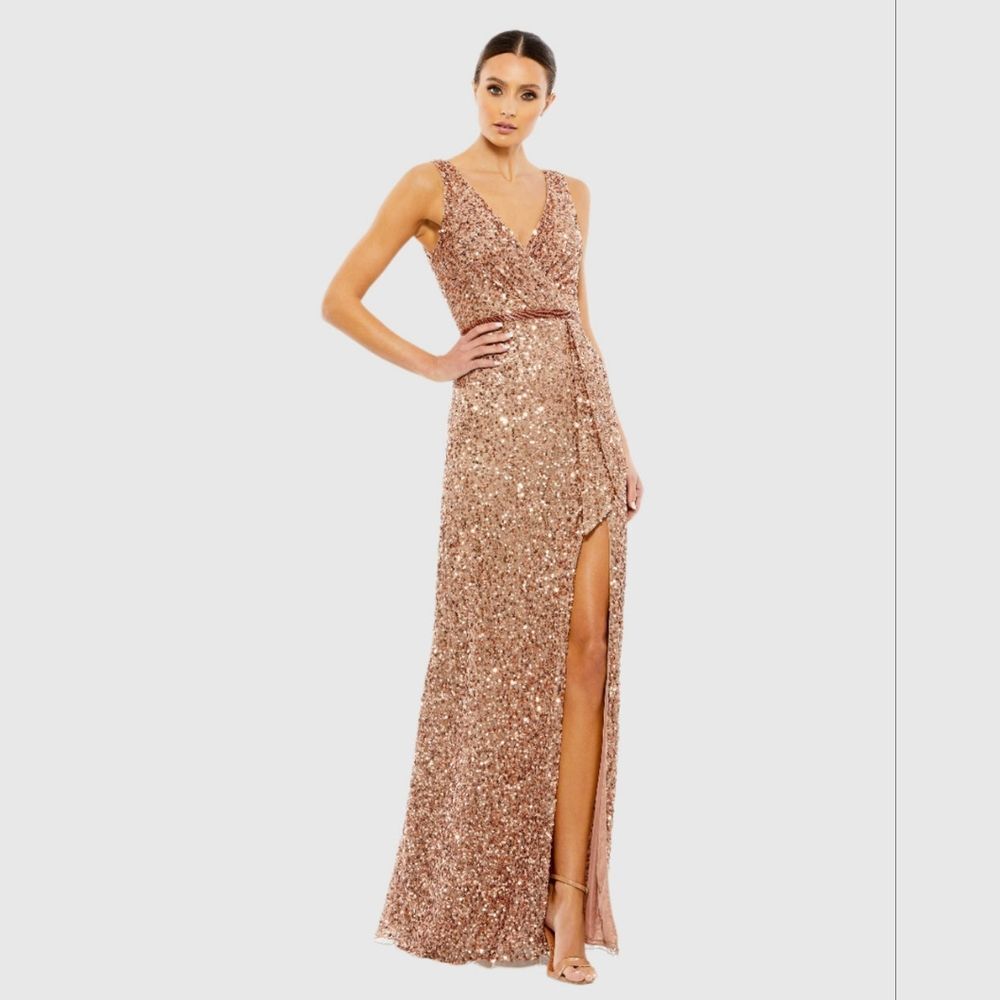 Mac Duggal Sequin Faux Wrap Gown 5539 V-Neck High Slit Copper Gold Sz 12